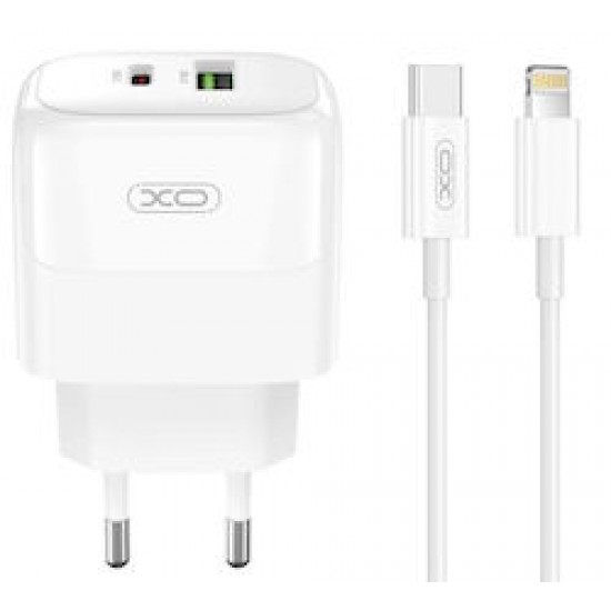 XO Φορτιστής με Θύρα USB-A και Θύρα USB-C και Καλώδιο Lightning  - USB-C 20W Power Delivery Λευκός (L137)