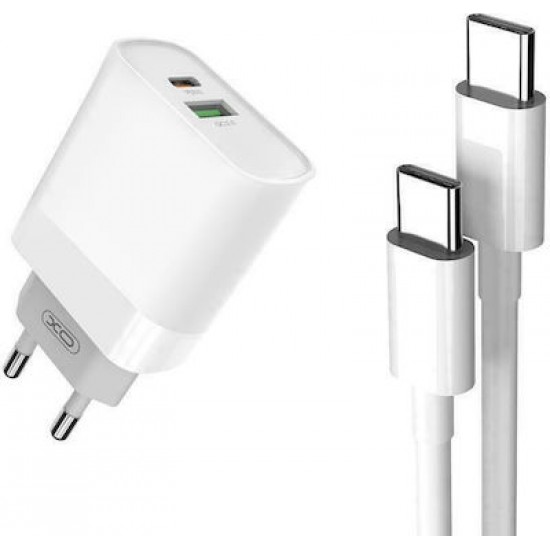 XO Φορτιστής με Θύρα USB-A και Θύρα USB-C και Καλώδιο USB-C 18W Power Delivery / Quick Charge 3.0 Λευκός (L64)
