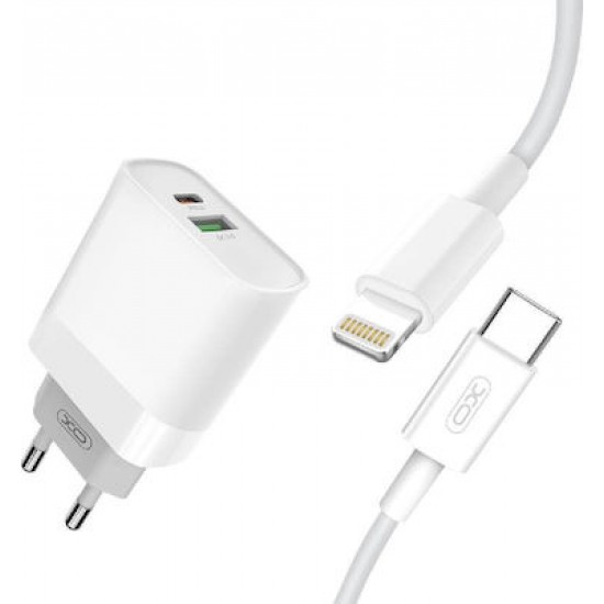 XO Φορτιστής με Θύρα USB-A και Θύρα USB-C και Καλώδιο Lightning 18W Power Delivery / Quick Charge 3.0 Λευκός (L64)