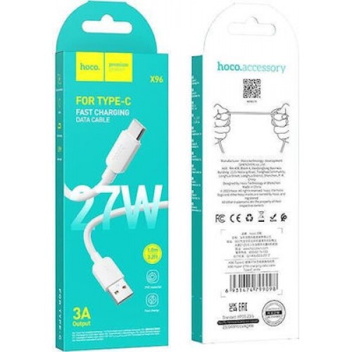 Hoco X96 USB 2.0 Cable USB-C male - USB-A 27W Λευκό 1m