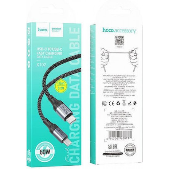 Hoco X102 Braided USB 2.0 Cable USB-C male - USB-C 60W Μαύρο 1m (HC-X102TTBK)