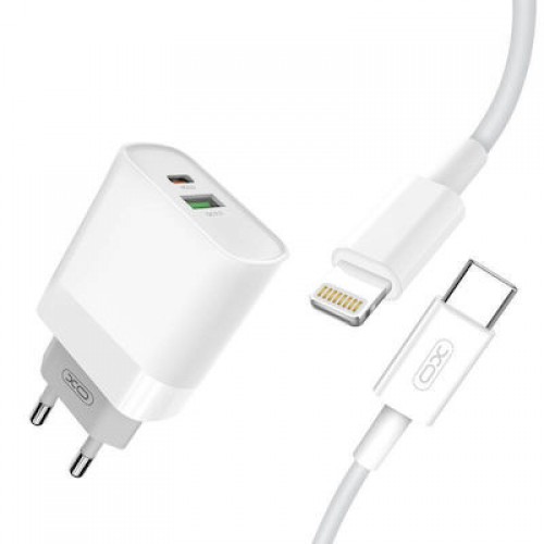 XO Φορτιστής με Θύρα USB-A και Θύρα USB-C και Καλώδιο Lightning 20W Power Delivery / Quick Charge 3.0 Λευκός (L64)