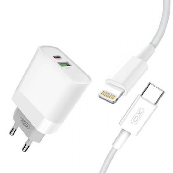 XO Φορτιστής με Θύρα USB-A και Θύρα USB-C και Καλώδιο Lightning 20W Power Delivery / Quick Charge 3.0 Λευκός (L64)
