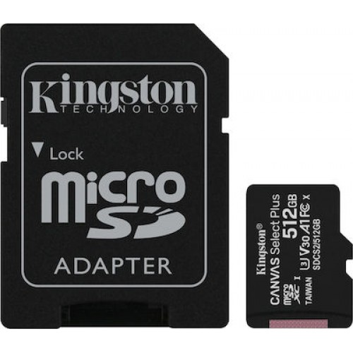 Kingston Canvas Select Plus microSDXC 512GB Class 10 U3 V30 A1 UHS-I με αντάπτορα