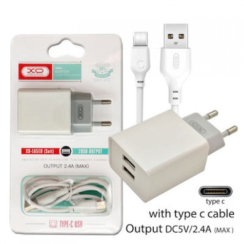 XO Φορτιστής με 2 Θύρες USB-A και Καλώδιο USB-C Λευκός (L65EU)