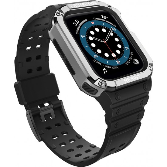 Hurtel Armored Θήκη & Λουράκι Σιλικόνης Ασημί/Μαύρο (Apple Watch 42/44/45mm)