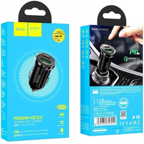 Hoco Φορτιστής Αυτοκινήτου Μαύρος Z44 Συνολικής Έντασης 3A με Θύρες: 1xUSB 1xType-C